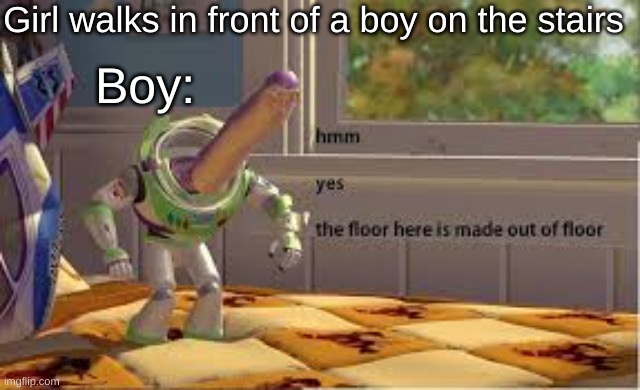 the floor here is made out of floor | Girl walks in front of a boy on the stairs; Boy: | image tagged in the floor here is made out of floor | made w/ Imgflip meme maker