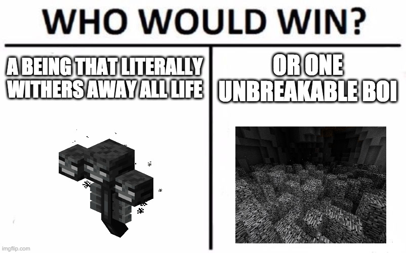 Thanos copied the Wither lol | A BEING THAT LITERALLY WITHERS AWAY ALL LIFE; OR ONE UNBREAKABLE BOI | image tagged in memes,who would win | made w/ Imgflip meme maker