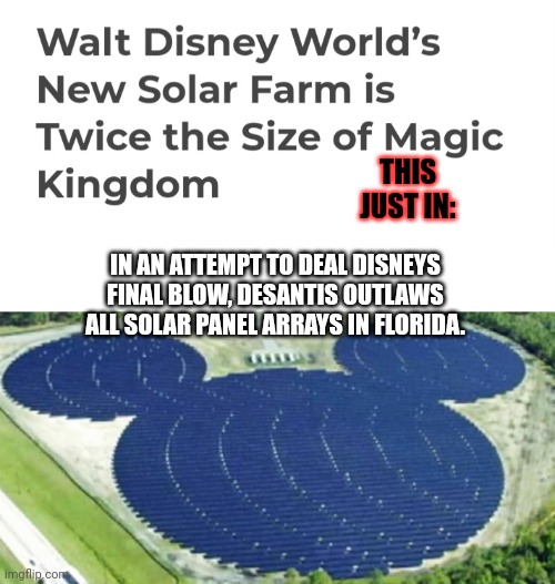 Shoot himself in the FACE TO OWN THE LIBS! | THIS JUST IN:; IN AN ATTEMPT TO DEAL DISNEYS FINAL BLOW, DESANTIS OUTLAWS ALL SOLAR PANEL ARRAYS IN FLORIDA. | image tagged in disney,solar,desantis | made w/ Imgflip meme maker