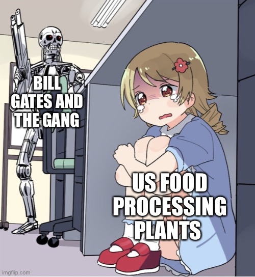 All part of the great reset | BILL GATES AND THE GANG; US FOOD PROCESSING PLANTS | image tagged in anime girl hiding from terminator,bill gates,globalism | made w/ Imgflip meme maker