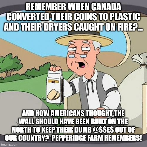 Pepperidge Farm Remembers | REMEMBER WHEN CANADA CONVERTED THEIR COINS TO PLASTIC AND THEIR DRYERS CAUGHT ON FIRE?... AND HOW AMERICANS THOUGHT THE WALL SHOULD HAVE BEEN BUILT ON THE NORTH TO KEEP THEIR DUMB @$$E$ OUT OF OUR COUNTRY?  PEPPERIDGE FARM REMEMBERS! | image tagged in memes,pepperidge farm remembers,build the wall,north,canadian,border wall | made w/ Imgflip meme maker