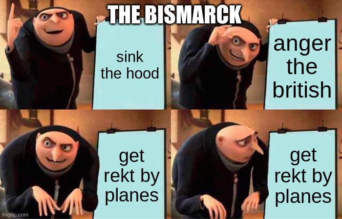 Bismarck be like | THE BISMARCK; sink the hood; anger the british; get rekt by planes; get rekt by planes | image tagged in memes,gru's plan | made w/ Imgflip meme maker