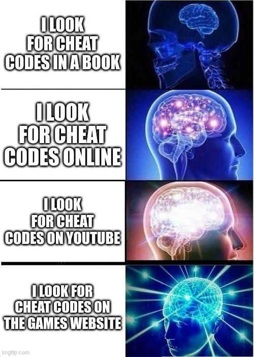 Expanding Brain Meme | I LOOK FOR CHEAT CODES IN A BOOK; I LOOK FOR CHEAT CODES ONLINE; I LOOK FOR CHEAT CODES ON YOUTUBE; I LOOK FOR CHEAT CODES ON THE GAMES WEBSITE | image tagged in memes,expanding brain | made w/ Imgflip meme maker