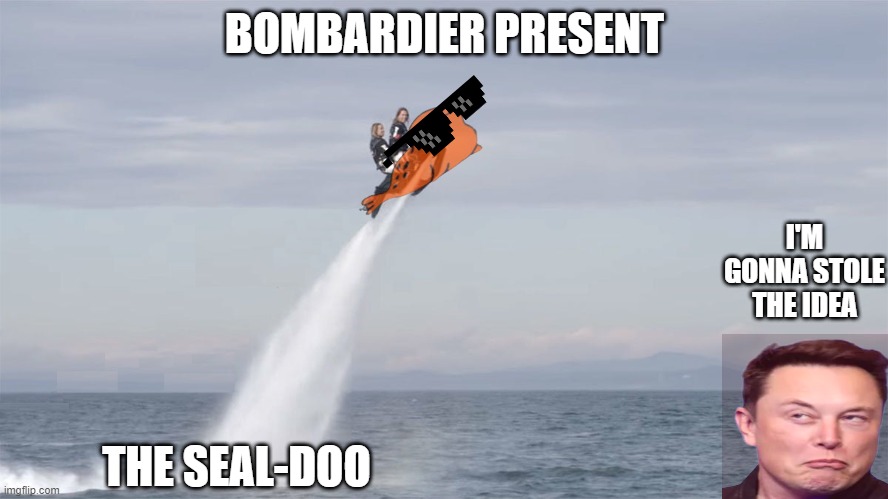 Have foam, with Bombardier! | BOMBARDIER PRESENT; I'M GONNA STOLE THE IDEA; THE SEAL-DOO | image tagged in satisfied seal,elon musk,jet,surfing,swimming,flying | made w/ Imgflip meme maker