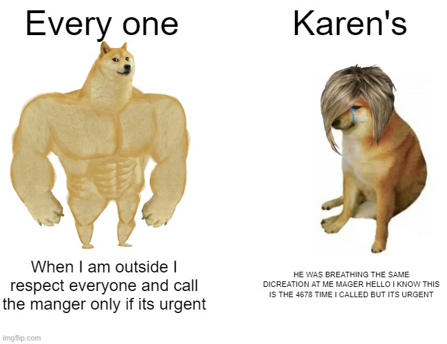LIKE NO ONE CARES KAREN | Every one; Karen's; When I am outside I respect everyone and call the manger only if its urgent; HE WAS BREATHING THE SAME DICREATION AT ME MAGER HELLO I KNOW THIS IS THE 4678 TIME I CALLED BUT ITS URGENT | image tagged in memes,buff doge vs cheems | made w/ Imgflip meme maker