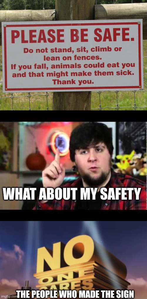 ouch | WHAT ABOUT MY SAFETY; THE PEOPLE WHO MADE THE SIGN | image tagged in jontron i have several questions,no one cares,memes,funny,funny memes,safety | made w/ Imgflip meme maker