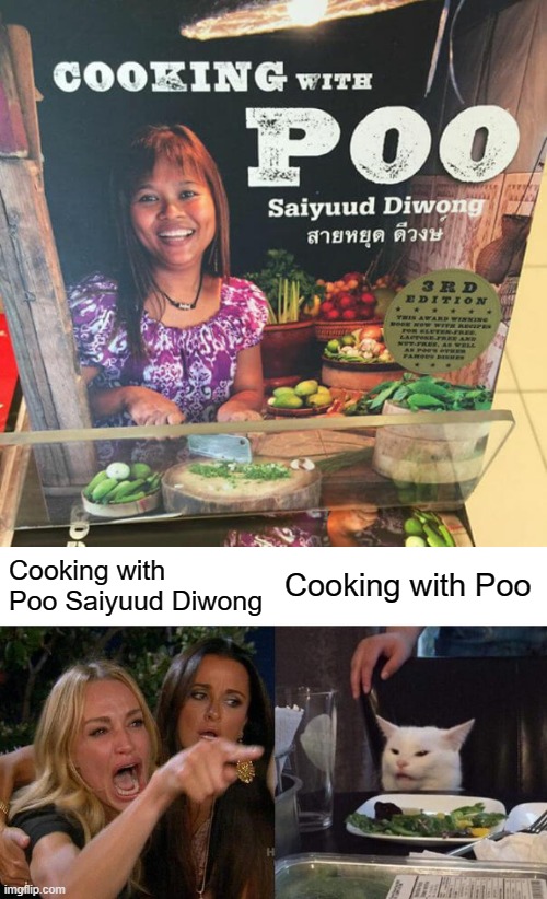 Cooking with Poo Saiyuud Diwong; Cooking with Poo | image tagged in memes,woman yelling at cat | made w/ Imgflip meme maker