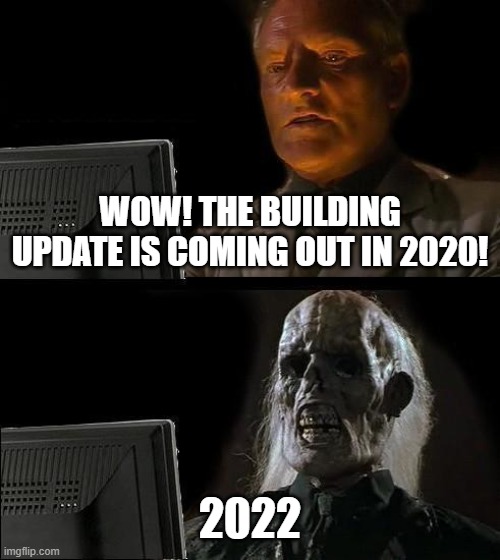 the wild west be like: | WOW! THE BUILDING UPDATE IS COMING OUT IN 2020! 2022 | image tagged in memes,i'll just wait here | made w/ Imgflip meme maker