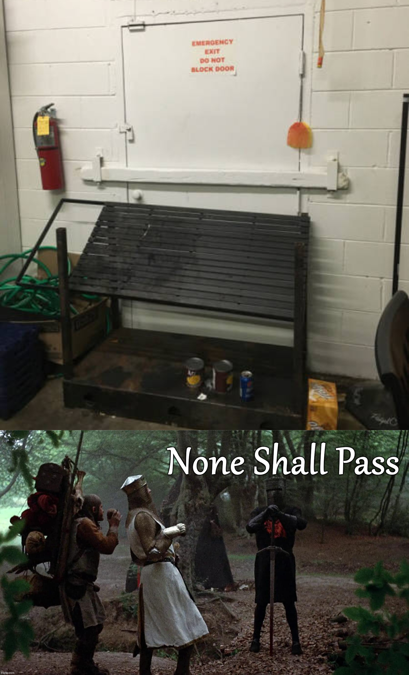 Putting a bar on the door and adding a shelving unit. | None Shall Pass | image tagged in monty phyton none shall pass,you had one job | made w/ Imgflip meme maker
