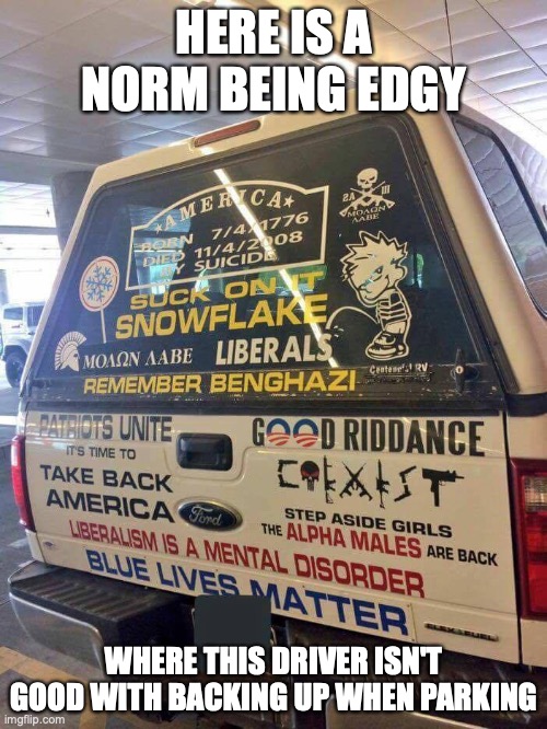 Edgy Normie | HERE IS A NORM BEING EDGY; WHERE THIS DRIVER ISN'T GOOD WITH BACKING UP WHEN PARKING | image tagged in normie,edgy,memes,cars | made w/ Imgflip meme maker