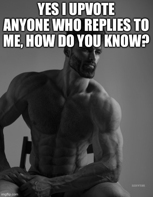 Give those people a medal | YES I UPVOTE ANYONE WHO REPLIES TO ME, HOW DO YOU KNOW? | image tagged in giga chad | made w/ Imgflip meme maker