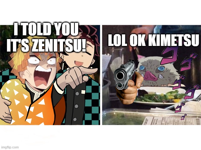 uhhh Inosuke? | LOL OK KIMETSU; I TOLD YOU IT'S ZENITSU! | image tagged in zenitsu yelling | made w/ Imgflip meme maker