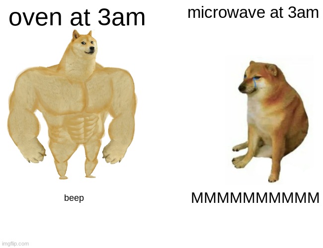 Buff Doge vs. Cheems | oven at 3am; microwave at 3am; MMMMMMMMMM; beep | image tagged in memes,buff doge vs cheems | made w/ Imgflip meme maker