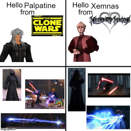 I think Xemnas is a Sith lord. | Palpatine; Xemnas | image tagged in hello person from,kingdom hearts,clone wars,palpatine | made w/ Imgflip meme maker