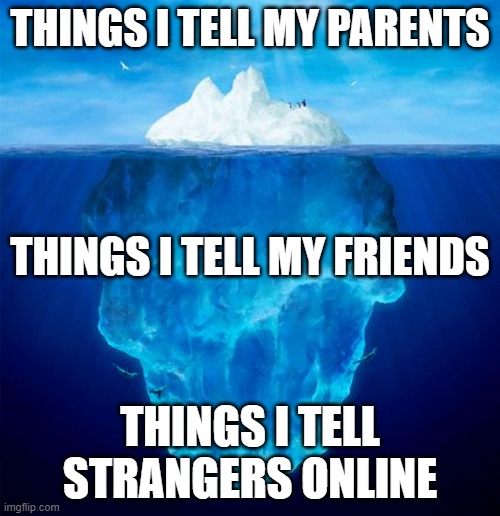 Iceberg | THINGS I TELL MY PARENTS; THINGS I TELL MY FRIENDS; THINGS I TELL STRANGERS ONLINE | image tagged in iceberg | made w/ Imgflip meme maker