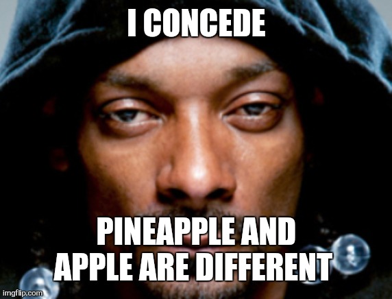 Snoop Scowl | I CONCEDE; PINEAPPLE AND APPLE ARE DIFFERENT | image tagged in snoop scowl | made w/ Imgflip meme maker