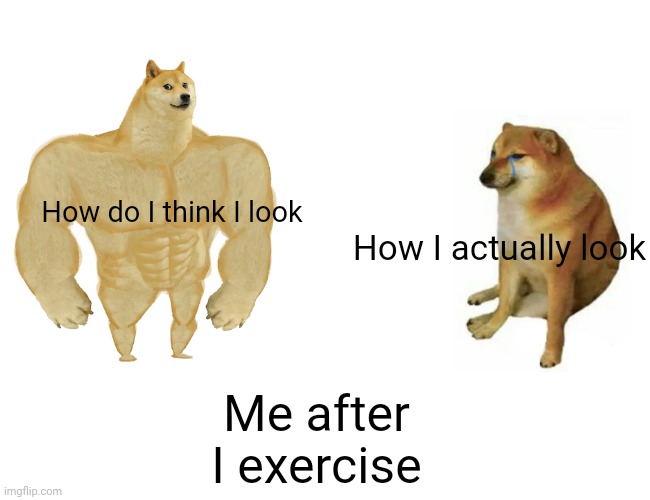 Me after exercise | How do I think I look; How I actually look; Me after I exercise | image tagged in memes,buff doge vs cheems | made w/ Imgflip meme maker