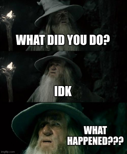 Confused Gandalf Meme | WHAT DID YOU DO? IDK WHAT HAPPENED??? | image tagged in memes,confused gandalf | made w/ Imgflip meme maker