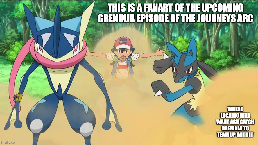 Pokemon Journeys Greninja Episode Fanart | THIS IS A FANART OF THE UPCOMING GRENINJA EPISODE OF THE JOURNEYS ARC; WHERE LUCARIO WILL WANT ASH CATCH GRENINJA TO TEAM UP WITH IT | image tagged in fanart,memes,pokemon,greninja,lucario | made w/ Imgflip meme maker