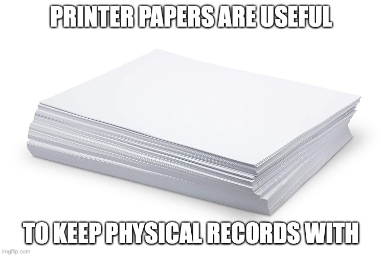 Printer Paper | PRINTER PAPERS ARE USEFUL; TO KEEP PHYSICAL RECORDS WITH | image tagged in paper,memes | made w/ Imgflip meme maker