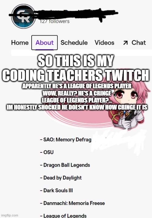 SO THIS IS MY CODING TEACHERS TWITCH; APPARENTLY HE'S A LEAGUE OF LEGENDS PLAYER
WOW, REALLY? HE'S A CRINGE LEAGUE OF LEGENDS PLAYER?...
IM HONESTLY SHOCKED HE DOESN'T KNOW HOW CRINGE IT IS | image tagged in why | made w/ Imgflip meme maker