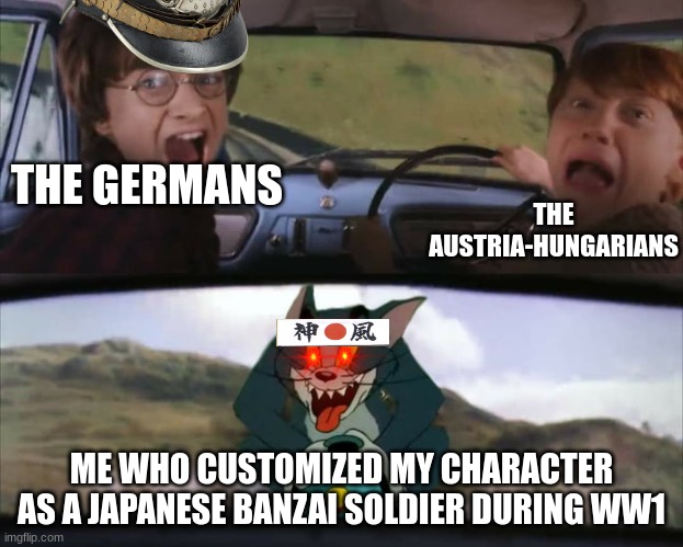 Battlefield 1 meme | THE GERMANS; THE AUSTRIA-HUNGARIANS; ME WHO CUSTOMIZED MY CHARACTER AS A JAPANESE BANZAI SOLDIER DURING WW1 | image tagged in harry potter train | made w/ Imgflip meme maker