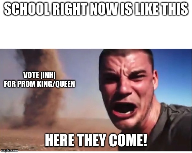 |INH| = insert name(s) here | SCHOOL RIGHT NOW IS LIKE THIS; VOTE |INH| FOR PROM KING/QUEEN; HERE THEY COME! | image tagged in look here they come | made w/ Imgflip meme maker
