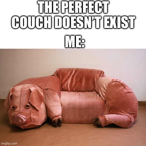 Pig | THE PERFECT COUCH DOESN’T EXIST; ME: | image tagged in pig,couch,memeboi987 made this,fresh memes | made w/ Imgflip meme maker