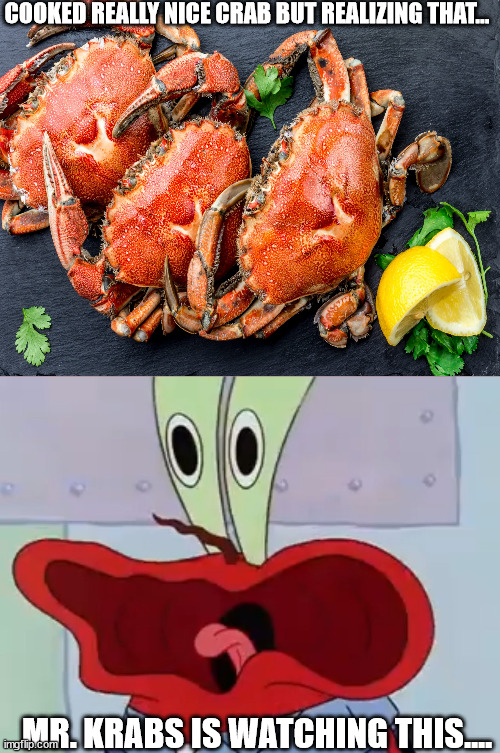 Mr Krabs Funny Scream | COOKED REALLY NICE CRAB BUT REALIZING THAT... MR. KRABS IS WATCHING THIS.... | image tagged in mr krabs funny scream | made w/ Imgflip meme maker