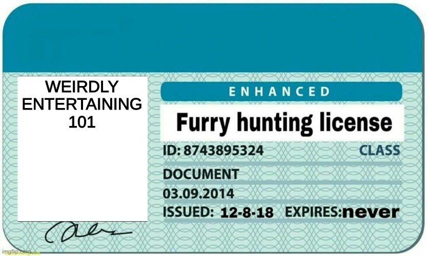 furry hunting license | WEIRDLY
ENTERTAINING
101 | image tagged in furry hunting license | made w/ Imgflip meme maker