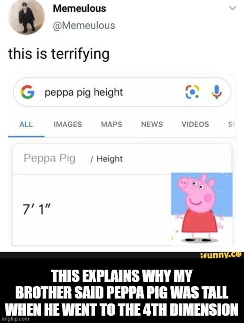 this piggie is 7 foot | THIS EXPLAINS WHY MY BROTHER SAID PEPPA PIG WAS TALL WHEN HE WENT TO THE 4TH DIMENSION | image tagged in why does this exist | made w/ Imgflip meme maker