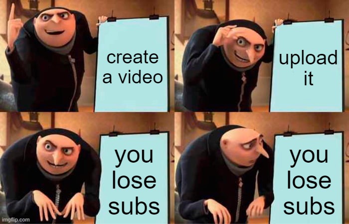 Gru's Plan Meme | create a video; upload it; you lose subs; you lose subs | image tagged in memes,gru's plan | made w/ Imgflip meme maker