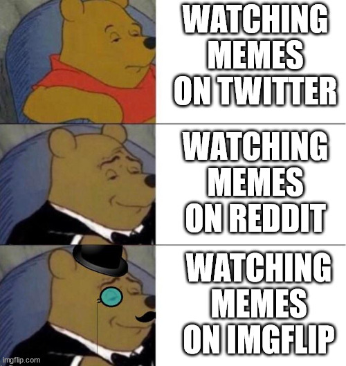 lol |  WATCHING MEMES ON TWITTER; WATCHING MEMES ON REDDIT; WATCHING MEMES ON IMGFLIP | image tagged in winie the pooh | made w/ Imgflip meme maker