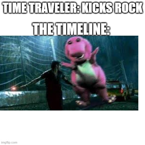 time |  THE TIMELINE:; TIME TRAVELER: KICKS ROCK | image tagged in soos | made w/ Imgflip meme maker