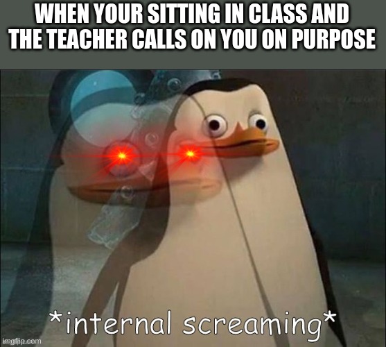 Private Internal Screaming | WHEN YOUR SITTING IN CLASS AND THE TEACHER CALLS ON YOU ON PURPOSE | image tagged in private internal screaming | made w/ Imgflip meme maker