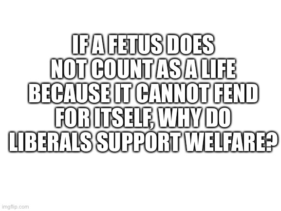 ??? | IF A FETUS DOES NOT COUNT AS A LIFE BECAUSE IT CANNOT FEND FOR ITSELF, WHY DO LIBERALS SUPPORT WELFARE? | image tagged in liberal logic | made w/ Imgflip meme maker