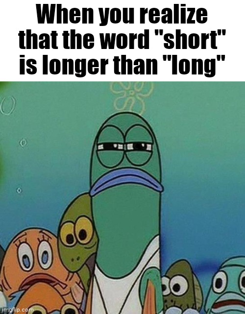 Either a coincidence or the dictionary is messing with us |  When you realize that the word "short" is longer than "long" | image tagged in spongebob,fish,hmmm,hmm | made w/ Imgflip meme maker