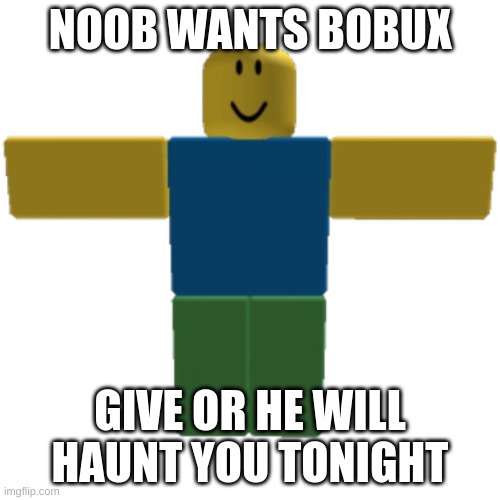 noob want bobux | NOOB WANTS BOBUX; GIVE OR HE WILL HAUNT YOU TONIGHT | image tagged in funny,roblox noob,robux,bobux | made w/ Imgflip meme maker