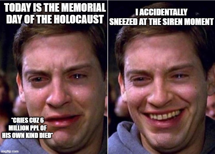 Peter Parker Sad Cry Happy cry | TODAY IS THE MEMORIAL DAY OF THE HOLOCAUST; I ACCIDENTALLY SNEEZED AT THE SIREN MOMENT; *CRIES CUZ 6 MILLION PPL OF HIS OWN KIND DIED* | image tagged in peter parker sad cry happy cry,holocaust,ww2,memorial day | made w/ Imgflip meme maker