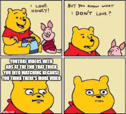 I like honey | YOUTUBE VIDEOS WITH ADS AT THE END THAT TRICK YOU INTO WATCHING BECAUSE YOU THINK THERE'S MORE VIDEO | image tagged in i like honey,youtube,youtube ads,scumbag youtube | made w/ Imgflip meme maker