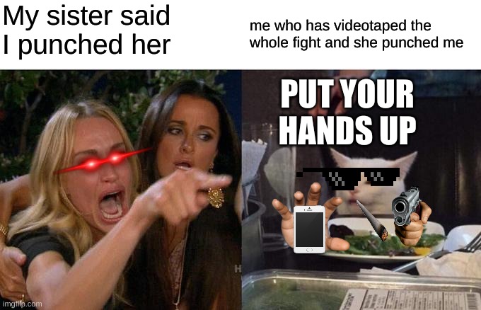 Woman Yelling At Cat |  My sister said I punched her; me who has videotaped the whole fight and she punched me; PUT YOUR HANDS UP | image tagged in memes,woman yelling at cat | made w/ Imgflip meme maker