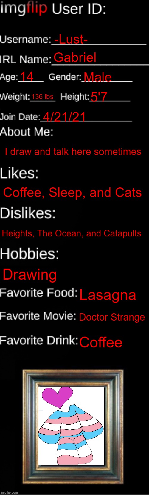 imgflip ID Card | -Lust-; Gabriel; 14; Male; 136 lbs; 5'7; 4/21/21; I draw and talk here sometimes; Coffee, Sleep, and Cats; Heights, The Ocean, and Catapults; Drawing; Lasagna; Doctor Strange; Coffee | image tagged in imgflip id card | made w/ Imgflip meme maker
