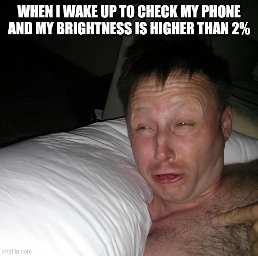 Relatable? | WHEN I WAKE UP TO CHECK MY PHONE AND MY BRIGHTNESS IS HIGHER THAN 2% | image tagged in limmy waking up | made w/ Imgflip meme maker