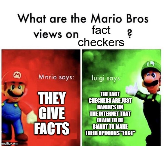 Sorry Twitter users, but you're opinions aren't facts | fact checkers; THEY GIVE FACTS; THE FACT CHECKERS ARE JUST RANDO'S ON THE INTERNET THAT CLAIM TO BE SMART TO MAKE THEIR OPINIONS "FACT" | image tagged in mario bros views,twitter | made w/ Imgflip meme maker