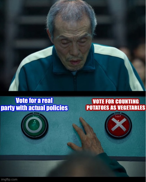 Squid Game | VOTE FOR COUNTING POTATOES AS VEGETABLES Vote for a real party with actual policies | image tagged in squid game | made w/ Imgflip meme maker