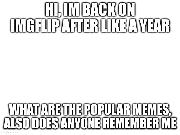 plz remember me | HI, IM BACK ON IMGFLIP AFTER LIKE A YEAR; WHAT ARE THE POPULAR MEMES, ALSO DOES ANYONE REMEMBER ME | image tagged in blank white template,help | made w/ Imgflip meme maker