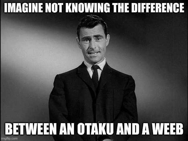 rod serling twilight zone | IMAGINE NOT KNOWING THE DIFFERENCE; BETWEEN AN OTAKU AND A WEEB | image tagged in rod serling twilight zone | made w/ Imgflip meme maker