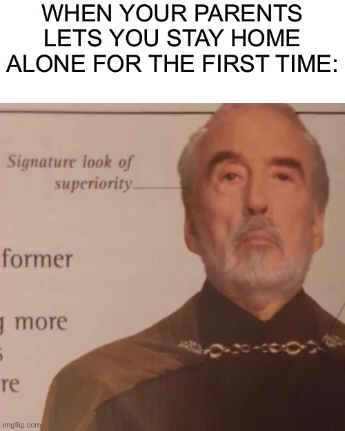 Signature Look of superiority | WHEN YOUR PARENTS LETS YOU STAY HOME ALONE FOR THE FIRST TIME: | image tagged in signature look of superiority,memes,funny,funny memes,relatable,parents | made w/ Imgflip meme maker