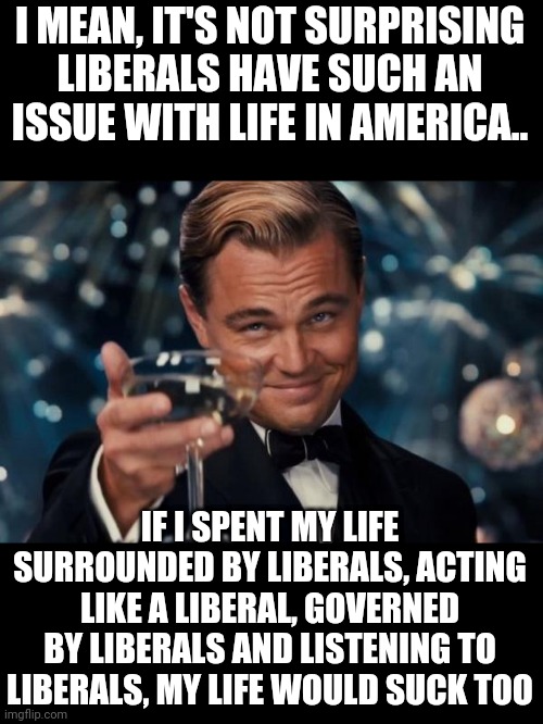 America doesn't suck, it's just the part where you live.. | I MEAN, IT'S NOT SURPRISING LIBERALS HAVE SUCH AN ISSUE WITH LIFE IN AMERICA.. IF I SPENT MY LIFE SURROUNDED BY LIBERALS, ACTING LIKE A LIBERAL, GOVERNED BY LIBERALS AND LISTENING TO LIBERALS, MY LIFE WOULD SUCK TOO | image tagged in memes,leonardo dicaprio cheers | made w/ Imgflip meme maker