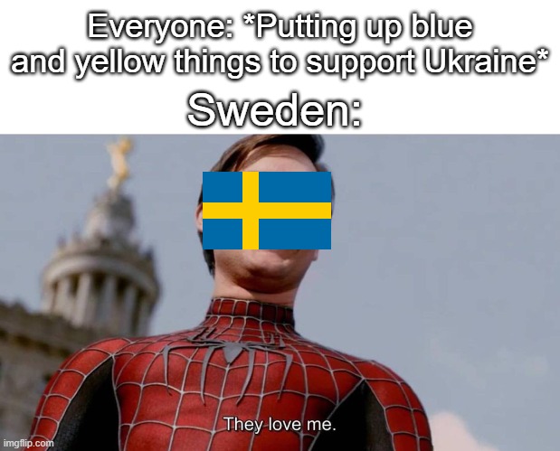 The Color Clash has begun | Everyone: *Putting up blue and yellow things to support Ukraine*; Sweden: | image tagged in they love me,ukraine,sweden,funny | made w/ Imgflip meme maker
